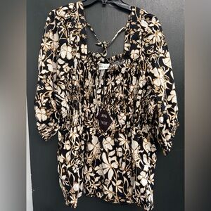 Ava & Viv Black and Cream Floral‎ Smocked Puff Sleeve Blouse SZ 3X NWT
